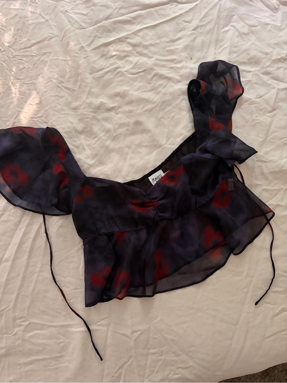 Princess Polly Navy and Red Sheer Ruffle Crop Top